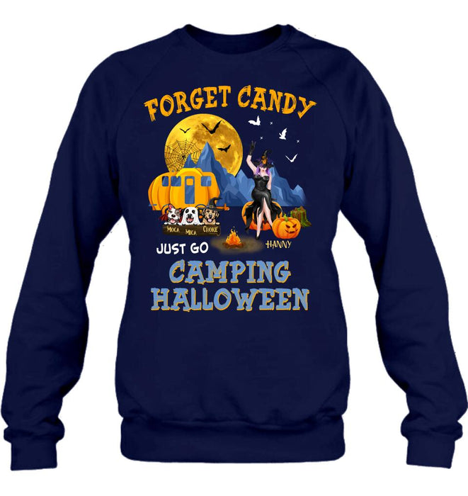 Personalized Camping Witch Shirt/Hoodie - Witch With Up to 3 Dogs - Gift Idea For Halloween/Dog Lover, Camping Lover - Forget Candy Just Go Camping Halloween