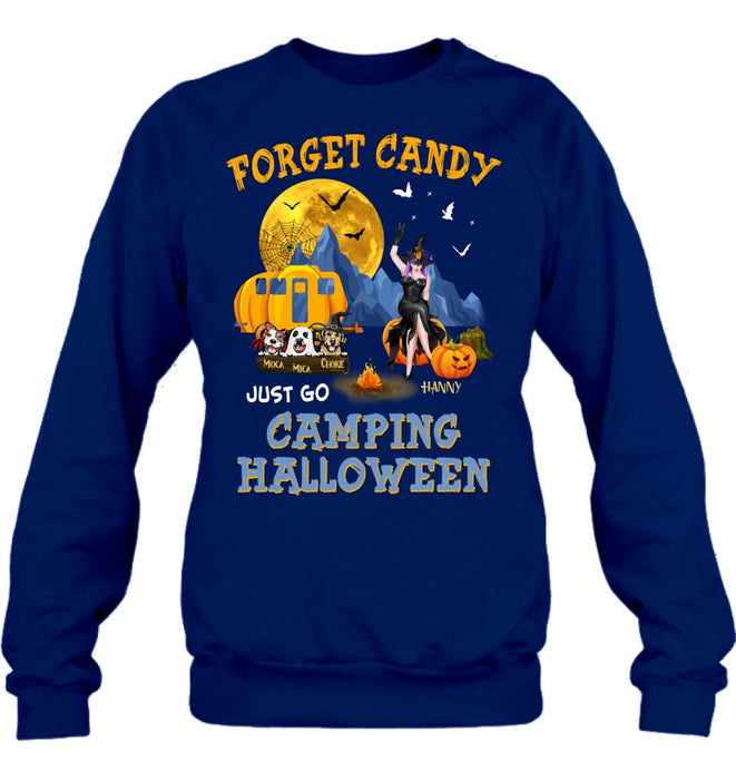 Personalized Camping Witch Shirt/Hoodie - Witch With Up to 3 Dogs - Gift Idea For Halloween/Dog Lover, Camping Lover - Forget Candy Just Go Camping Halloween