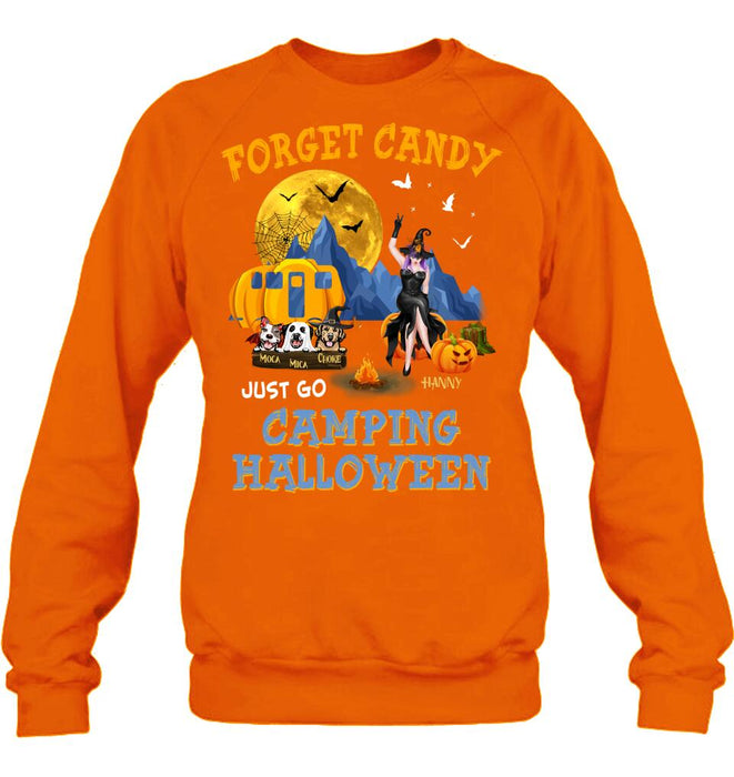 Personalized Camping Witch Shirt/Hoodie - Witch With Up to 3 Dogs - Gift Idea For Halloween/Dog Lover, Camping Lover - Forget Candy Just Go Camping Halloween