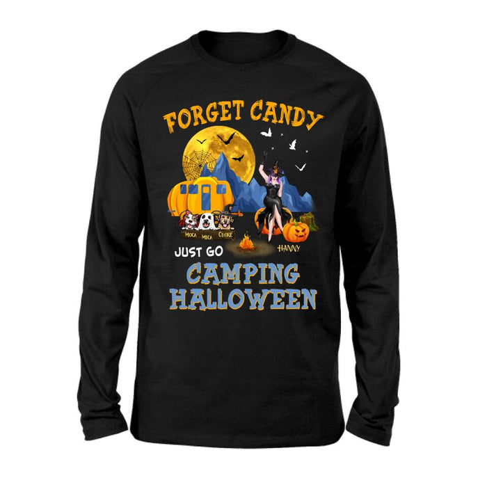Personalized Camping Witch Shirt/Hoodie - Witch With Up to 3 Dogs - Gift Idea For Halloween/Dog Lover, Camping Lover - Forget Candy Just Go Camping Halloween