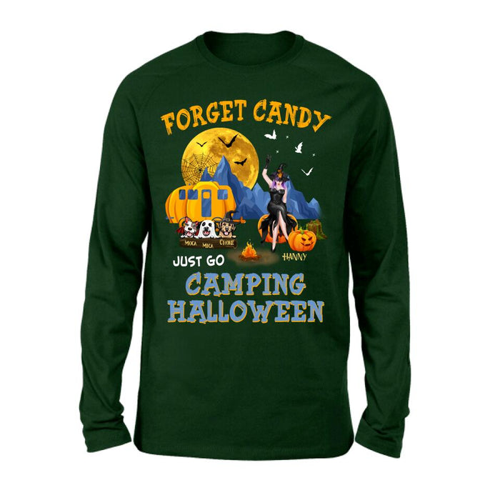 Personalized Camping Witch Shirt/Hoodie - Witch With Up to 3 Dogs - Gift Idea For Halloween/Dog Lover, Camping Lover - Forget Candy Just Go Camping Halloween
