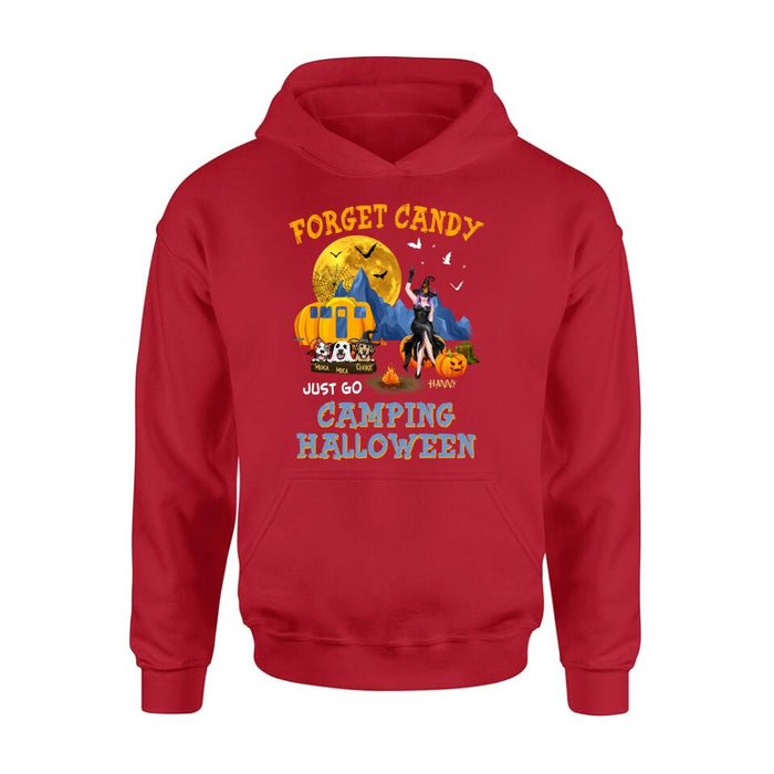 Personalized Camping Witch Shirt/Hoodie - Witch With Up to 3 Dogs - Gift Idea For Halloween/Dog Lover, Camping Lover - Forget Candy Just Go Camping Halloween
