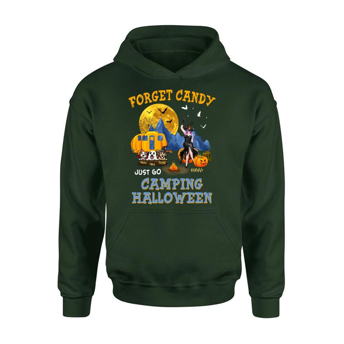 Personalized Camping Witch Shirt/Hoodie - Witch With Up to 3 Dogs - Gift Idea For Halloween/Dog Lover, Camping Lover - Forget Candy Just Go Camping Halloween