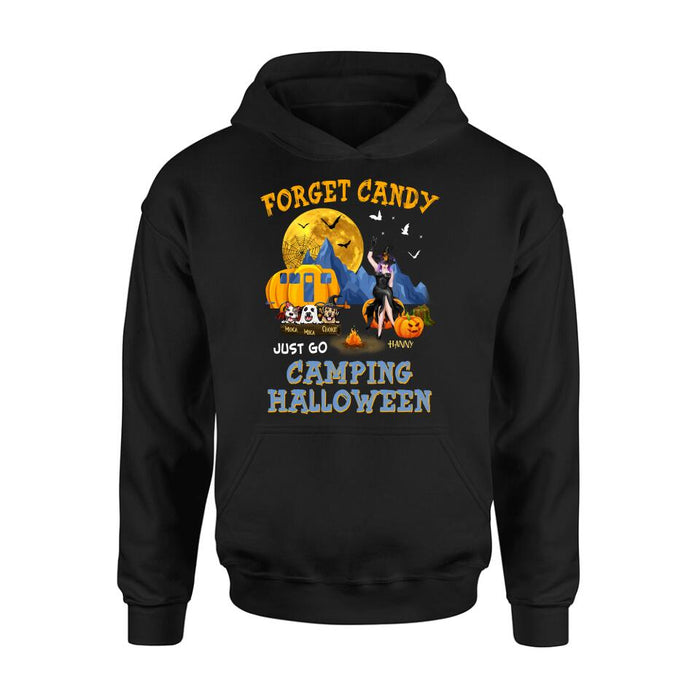 Personalized Camping Witch Shirt/Hoodie - Witch With Up to 3 Dogs - Gift Idea For Halloween/Dog Lover, Camping Lover - Forget Candy Just Go Camping Halloween