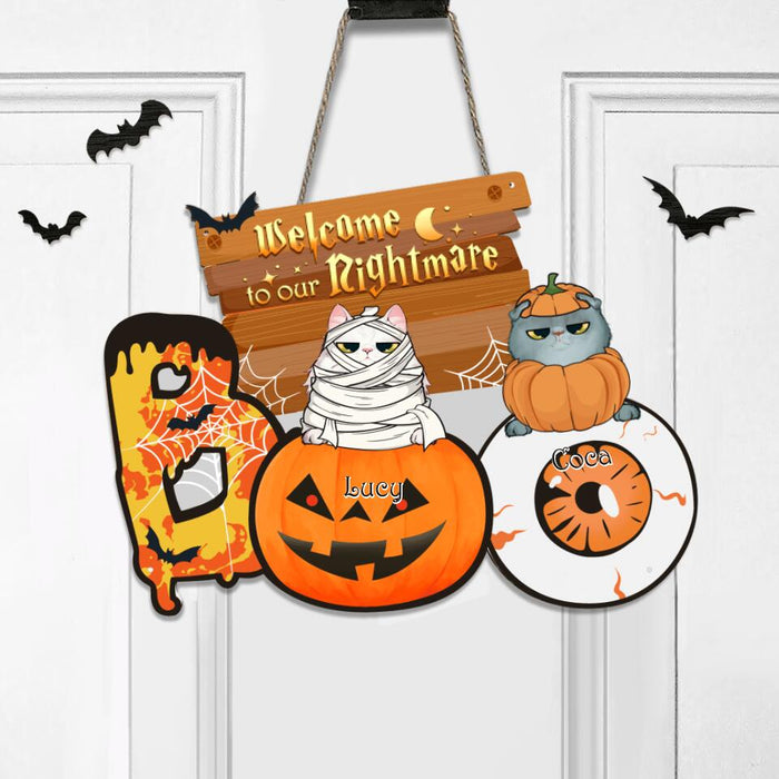 Personalized Pet Boo Metal Sign - Gift for Halloween, Dog Lovers, Cat Lovers - Up to 2 Pets - Welcome to our nightmare