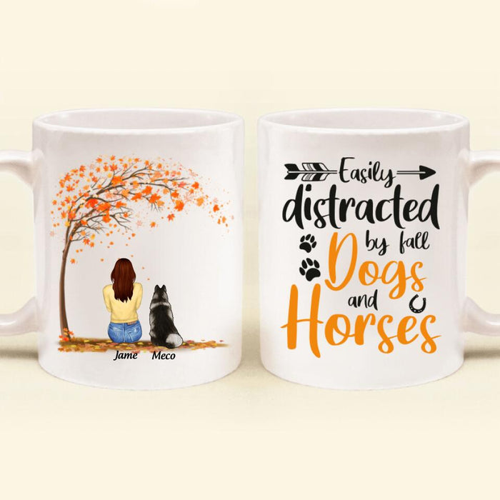 Personalized Horse Dog Mom In Autumn Mug - Up to 3 Horses/Dogs - Easily Distracted By Fall Dogs And Horses