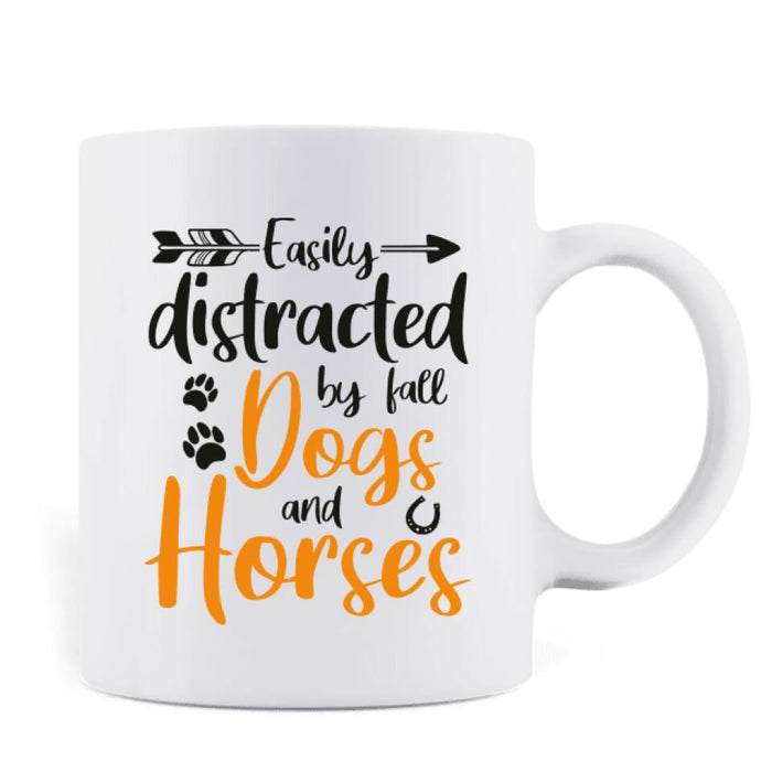 Personalized Horse Dog Mom In Autumn Mug - Up to 3 Horses/Dogs - Easily Distracted By Fall Dogs And Horses