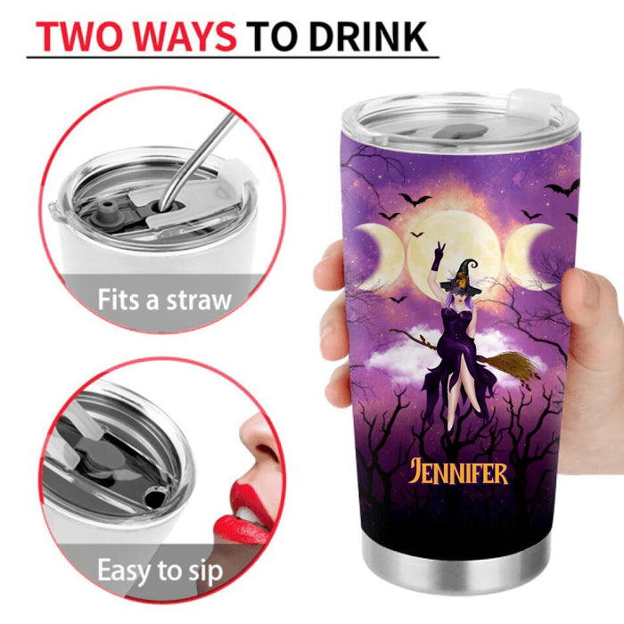 Personalized Witch Riding Broom Tumbler - Halloween Gift Idea For Friends - In My Defense The Moon Was Full And I Was Left Unsupervised