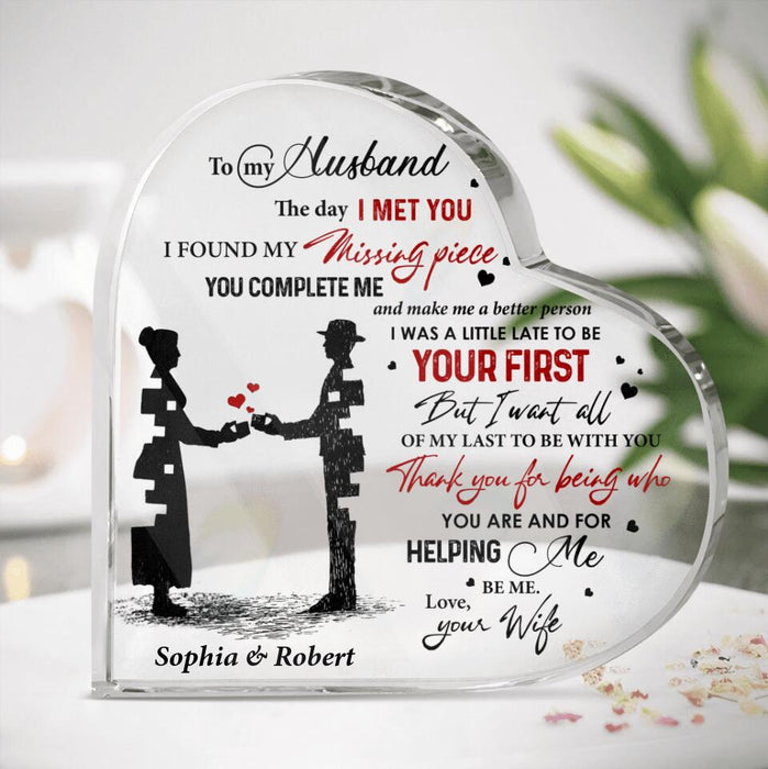 Personalized Crystal Acrylic Plaque - Gift For Couple, Husband and Wife, Gift from Wife to Husband - To my husband my missing piece