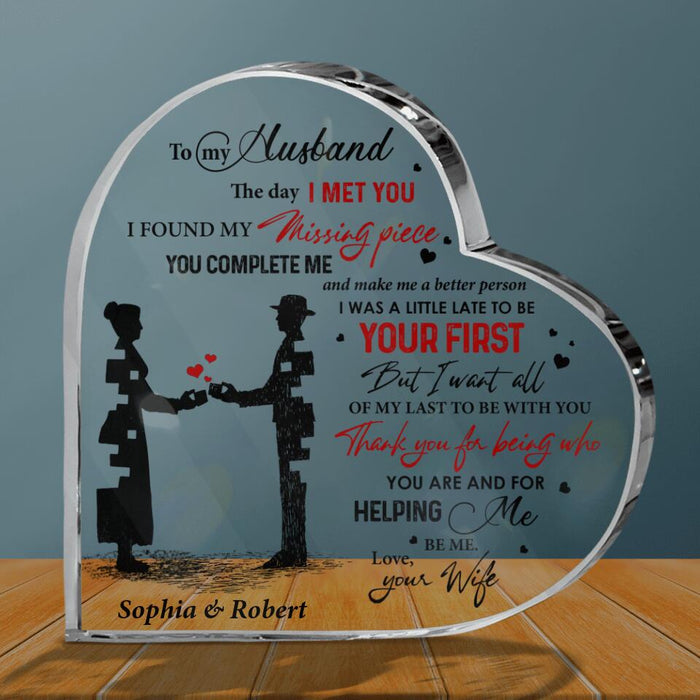 Personalized Crystal Acrylic Plaque - Gift For Couple, Husband and Wife, Gift from Wife to Husband - To my husband my missing piece