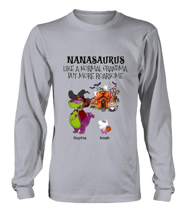 Personalized Nanasaurus T-shirt/Long Sleeve/Sweater/Hoodie - Gift Idea For Halloween/Grandma - Grandma With Up to 6 Kids - Nanasaurus Like A Normal Grandma But More RoarSome