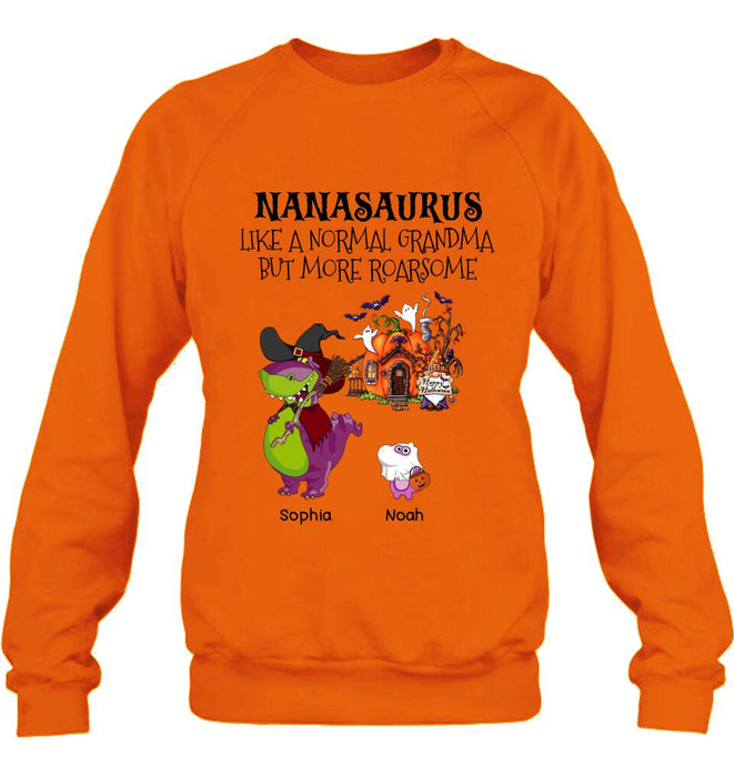Personalized Nanasaurus T-shirt/Long Sleeve/Sweater/Hoodie - Gift Idea For Halloween/Grandma - Grandma With Up to 6 Kids - Nanasaurus Like A Normal Grandma But More RoarSome