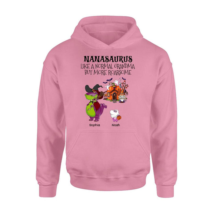 Personalized Nanasaurus T-shirt/Long Sleeve/Sweater/Hoodie - Gift Idea For Halloween/Grandma - Grandma With Up to 6 Kids - Nanasaurus Like A Normal Grandma But More RoarSome
