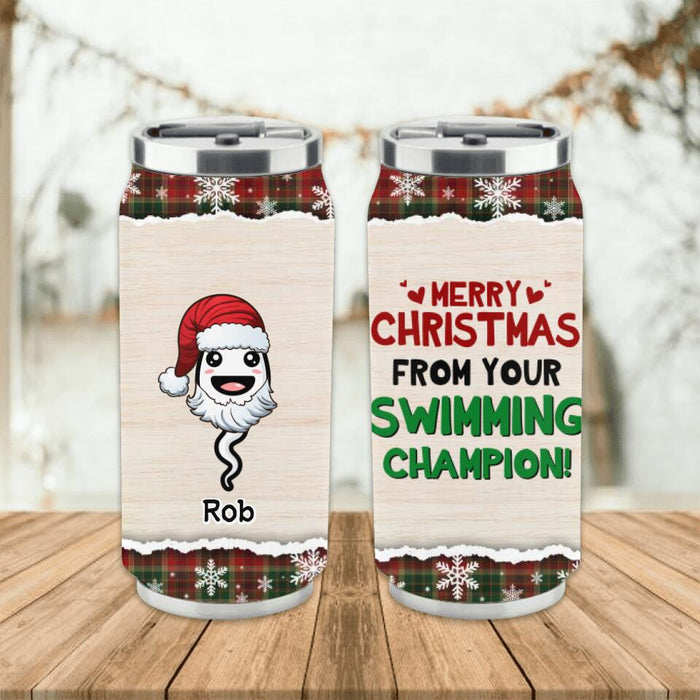 Personalized Dad Soda Can Tumbler - Up to 7 Kids - Christmas Gift Idea For Father - Merry Christmas From Your Swimming Champion