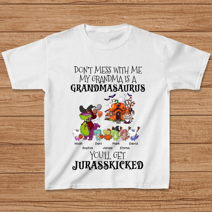 Personalized Dino Kid T-shirt - Halloween Gift Idea For Kid From Grandma - Grandma With Up to 6 Kids - Don't Mess With Grandmasaurus, You'll Get Jurasskicked