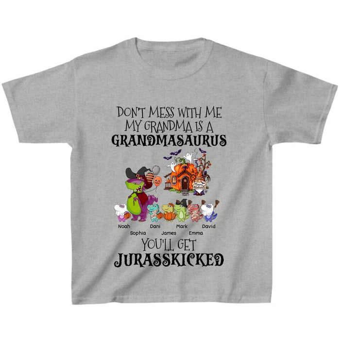 Personalized Dino Kid T-shirt - Halloween Gift Idea For Kid From Grandma - Grandma With Up to 6 Kids - Don't Mess With Grandmasaurus, You'll Get Jurasskicked