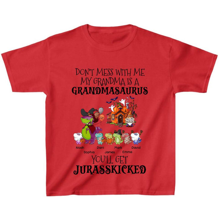 Personalized Dino Kid T-shirt - Halloween Gift Idea For Kid From Grandma - Grandma With Up to 6 Kids - Don't Mess With Grandmasaurus, You'll Get Jurasskicked