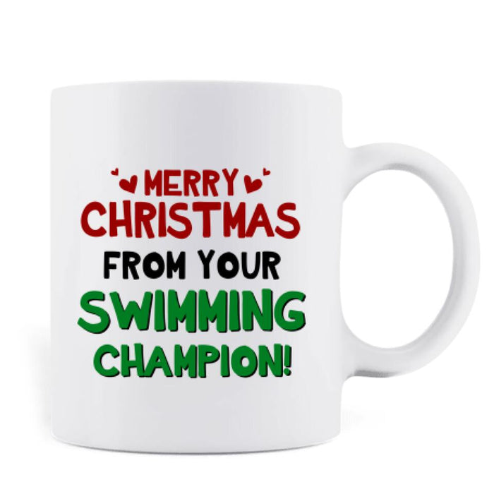 Personalized Dad Mug - Up to 7 Kids - Christmas Gift Idea For Father - Merry Christmas From Your Swimming Champion