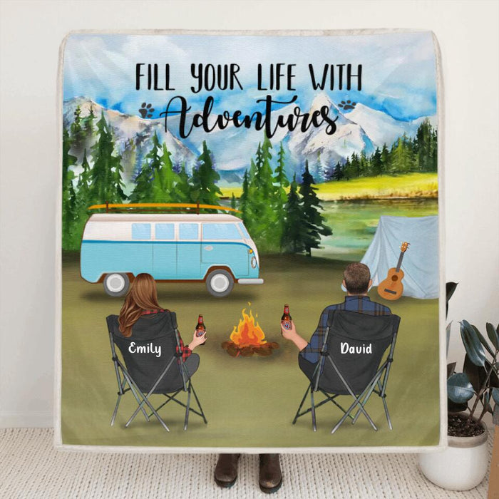 Personalized Camping Blanket - Gift For The Whole Family - Couple With Up To 6 Pets & 6 Kids - Fill Your Life With Adventures