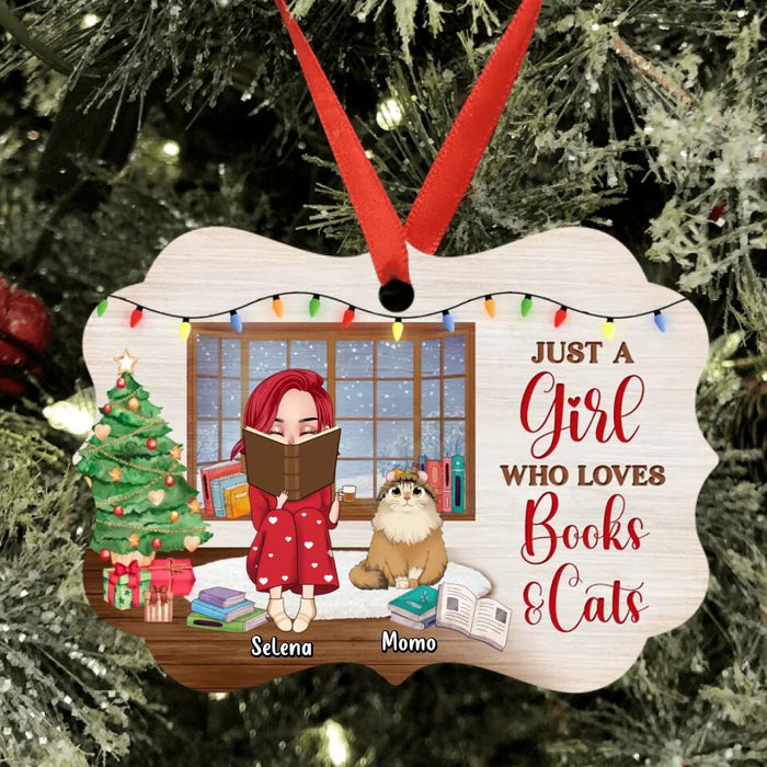 Personalized Book Girl Ornament - Up to 2 Cats - Gift Idea For Book Lovers/Cat Lovers - Just A Girl Who Loves Books And Cats