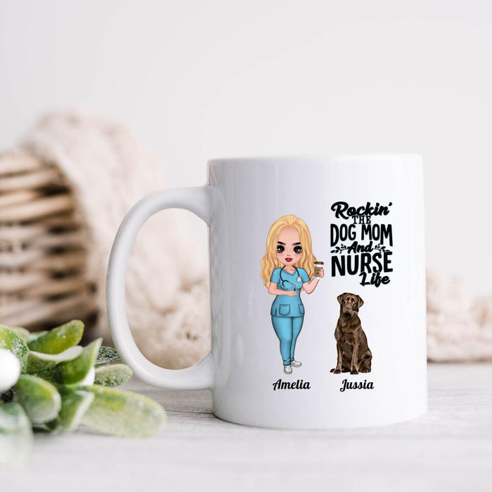 Personalized Nurse Dog Mom Coffee Mug - Up to 5 Dogs - Gift Idea For Dog Lover - Rockin' The Dog Mom And Nurse Life