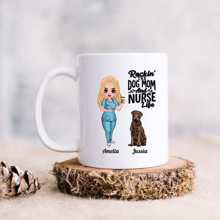 Personalized Nurse Dog Mom Coffee Mug - Up to 5 Dogs - Gift Idea For Dog Lover - Rockin' The Dog Mom And Nurse Life