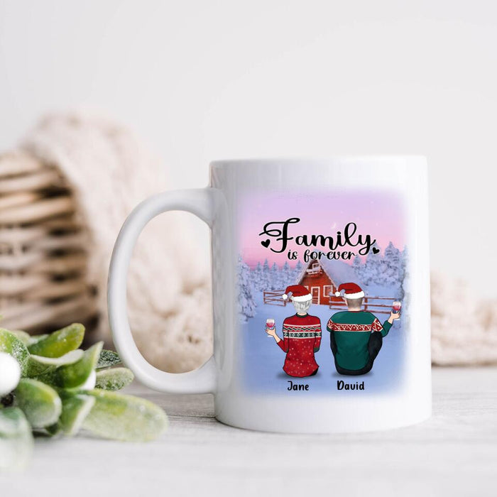 Personalized Christmas Family Coffee Mug - Couple/Parent With Up to 3 Pets And 2 Kids - Gift Idea For Dog/Cat Lover - Family Is Forever