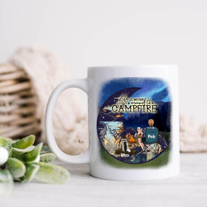 Personalized Camping Moon Coffee Mug - Man/Woman/Couple/Parents With Up to 2 Kids And 4 Pets - Gift For Camping Lover - Life Is Better Around The Camfire