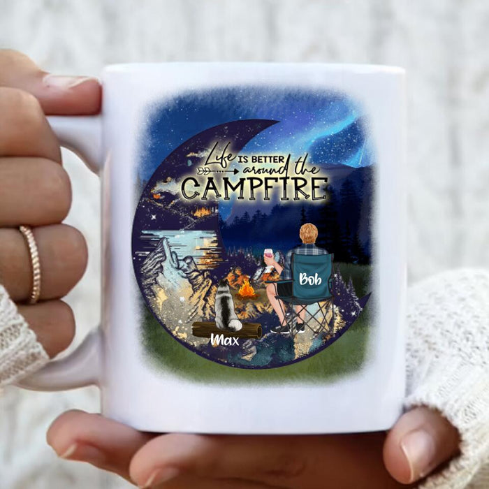 Personalized Camping Moon Coffee Mug - Man/Woman/Couple/Parents With Up to 2 Kids And 4 Pets - Gift For Camping Lover - Life Is Better Around The Camfire