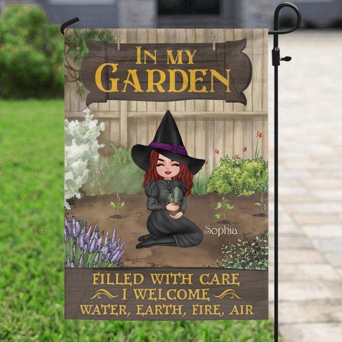 Personalized Garden Witch Flag Sign - Gift Idea For Halloween/Wiccan Decor/Pagan Decor - In My Garden Filled With Care, I Welcome Water, Earth, Fire, Air