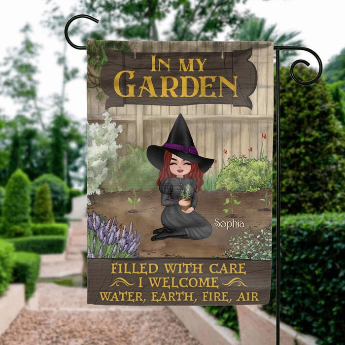 Personalized Garden Witch Flag Sign - Gift Idea For Halloween/Wiccan Decor/Pagan Decor - In My Garden Filled With Care, I Welcome Water, Earth, Fire, Air