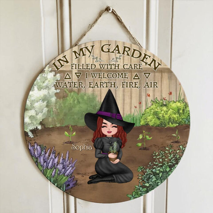 Personalized Garden Witch Circle Wooden Sign - Gift Idea For Halloween Day/Home Decor - In My Garden Filled With Care, I Welcome Water, Earth, Fire, Air