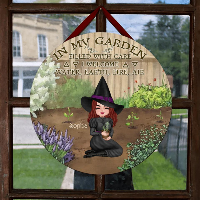 Personalized Garden Witch Circle Wooden Sign - Gift Idea For Halloween Day/Home Decor - In My Garden Filled With Care, I Welcome Water, Earth, Fire, Air