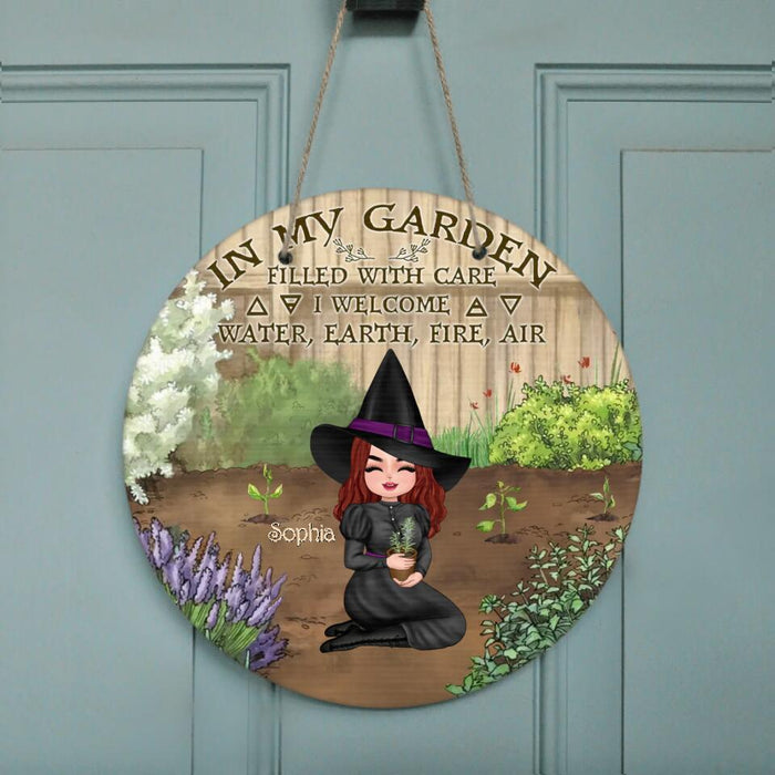 Personalized Garden Witch Circle Wooden Sign - Gift Idea For Halloween Day/Home Decor - In My Garden Filled With Care, I Welcome Water, Earth, Fire, Air