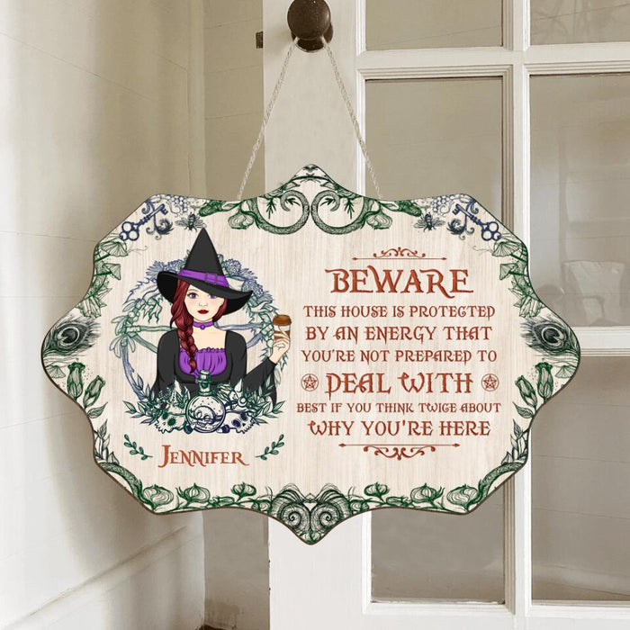 Custom Personalized Witch Wooden Sign - Gift Idea For Halloween/Home Decor - Beware This House Is Protected By An Energy That You're Not Prepared To Deal With