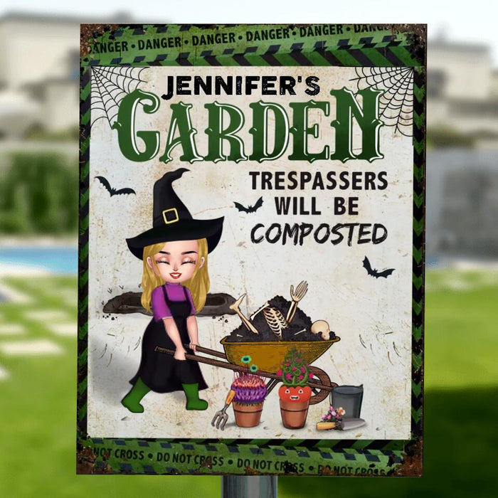 Personalized Halloween Garden Girl Vertical Metal Sign - Gift Idea For Halloween/Garden Lovers - Jennifer's Garden Trespassers Will Be Composted