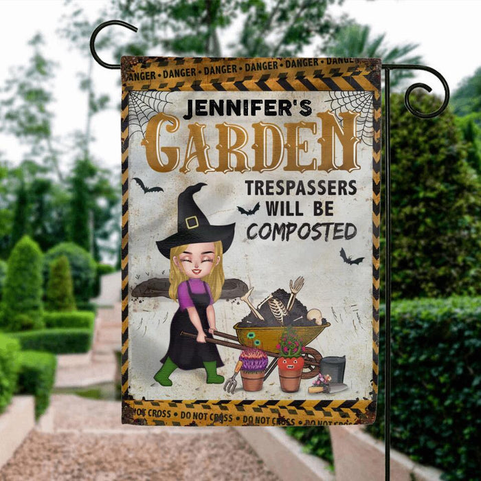 Personalized Halloween Garden Girl Flag Sign - Gift Idea For Halloween/Garden Lovers - Jennifer's Garden Trespassers Will Be Composted