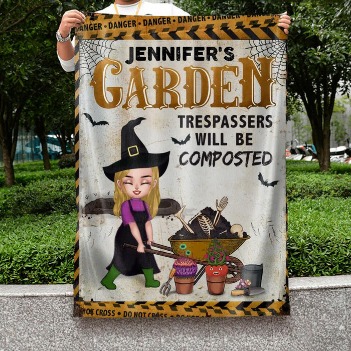 Personalized Halloween Garden Girl Flag Sign - Gift Idea For Halloween/Garden Lovers - Jennifer's Garden Trespassers Will Be Composted