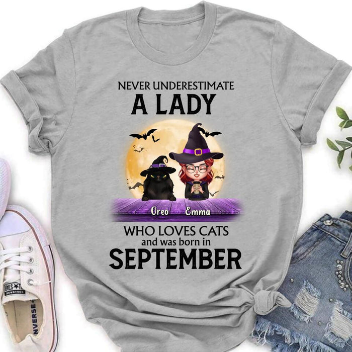 Personalized Cat Lady Shirt - Up to 6 Cats - Gift Idea For Halloween/Cat Lovers - Never Underestimate A Lady Who Loves Cats And Was Born In September