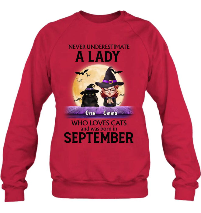 Personalized Cat Lady Shirt - Up to 6 Cats - Gift Idea For Halloween/Cat Lovers - Never Underestimate A Lady Who Loves Cats And Was Born In September