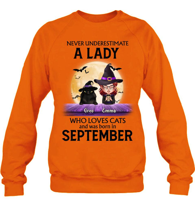 Personalized Cat Lady Shirt - Up to 6 Cats - Gift Idea For Halloween/Cat Lovers - Never Underestimate A Lady Who Loves Cats And Was Born In September