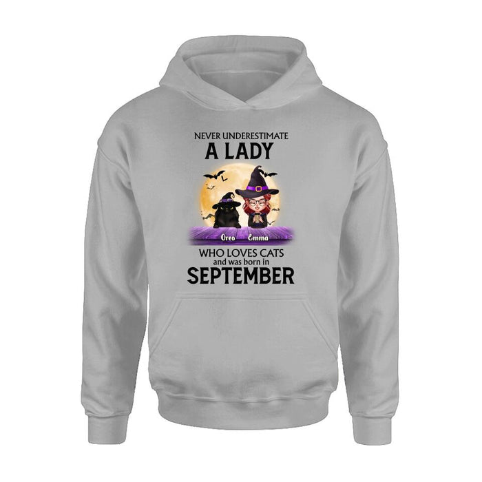Personalized Cat Lady Shirt - Up to 6 Cats - Gift Idea For Halloween/Cat Lovers - Never Underestimate A Lady Who Loves Cats And Was Born In September