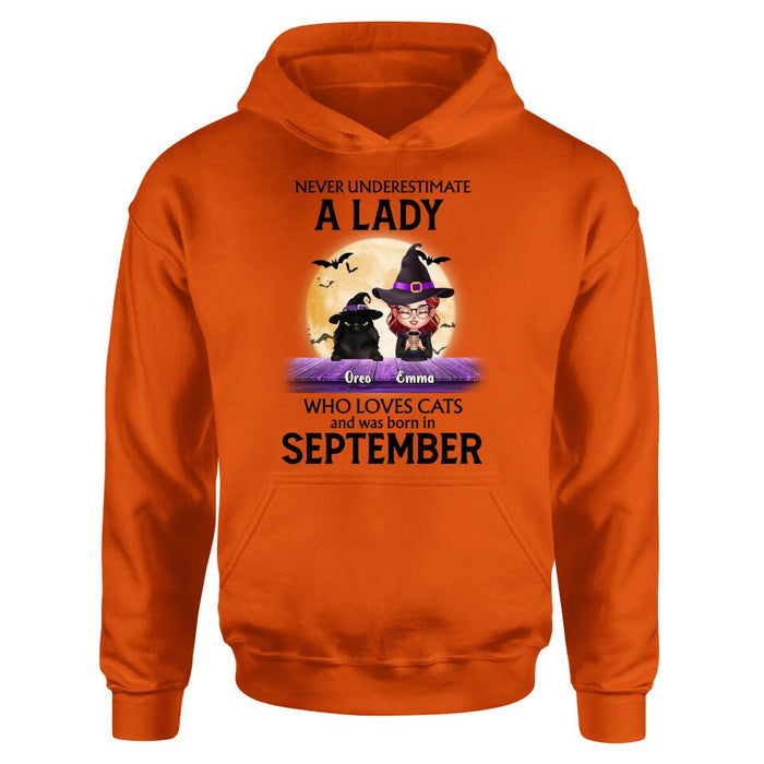 Personalized Cat Lady Shirt - Up to 6 Cats - Gift Idea For Halloween/Cat Lovers - Never Underestimate A Lady Who Loves Cats And Was Born In September