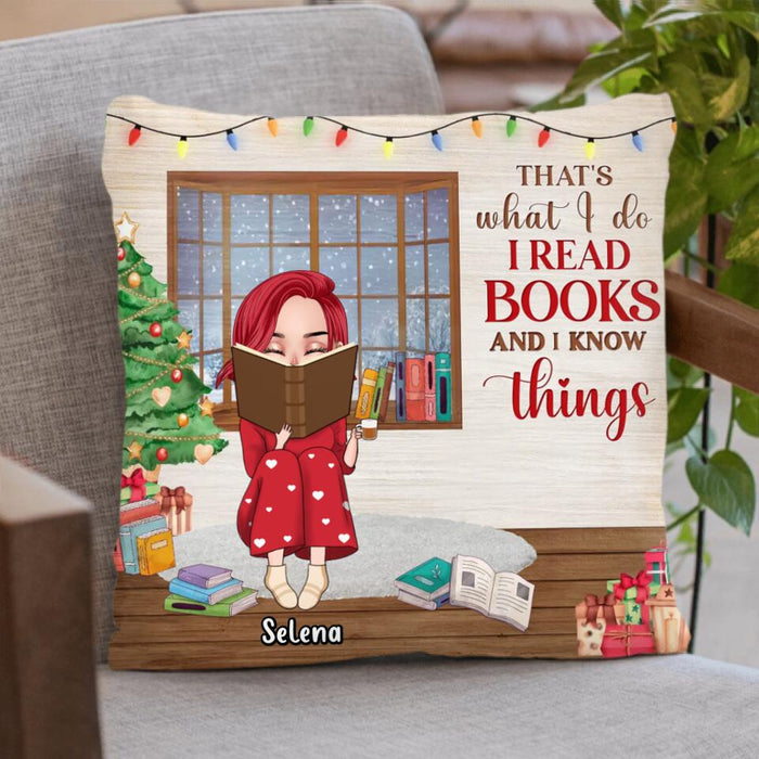 Personalized Book Girl Pillow Cover - Up to 2 Cats - Gift Idea For Book Lovers/Cat Lovers - That's What I Do I Read Books And I Know Things