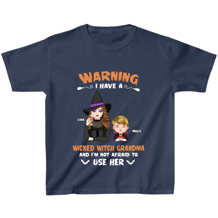 Personalized Grandma & Grandkid Witch T-Shirt - Halloween Gift For Grandkid - Warning I Have A Wicked Witch Grandma