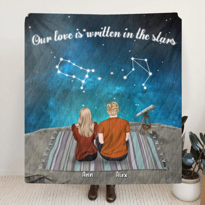 Personalized Quilt Blanket, Gift For Couple - Zodiac Star Signs Night Sky For Best Zodiac Couple - Our Love Is Written In The Stars
