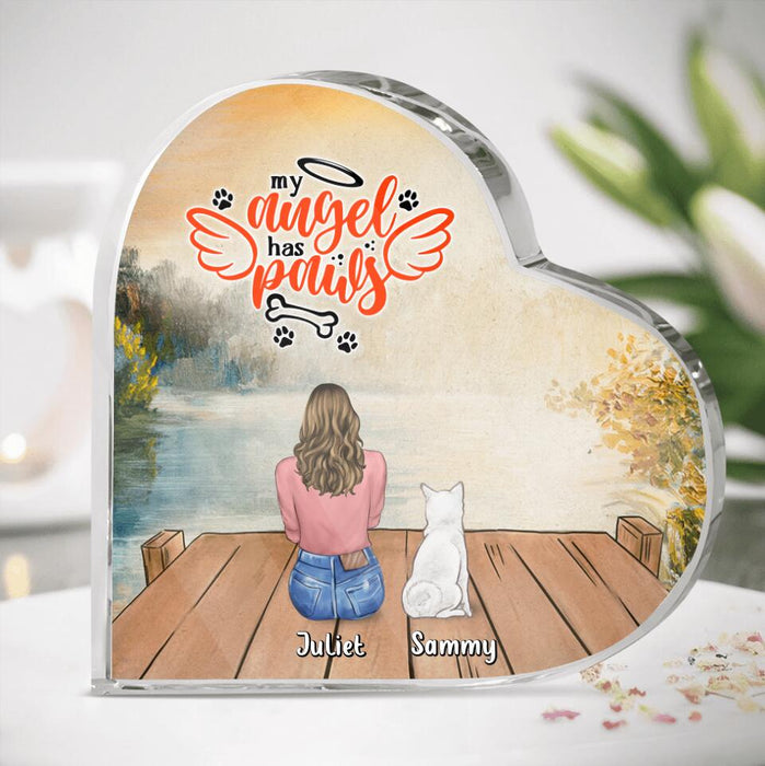 Personalized Dog Mom Dad Heart-Shaped Acrylic Plaque - Up to 4 Dogs - Gift Idea For Dog Lover/Couple - My Angel Has Paws