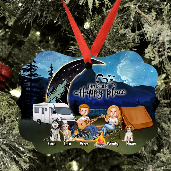 Personalized Camping Moon Ornament - Gift Idea For Camping Lover/Couple/Dog Lover - Couple With Up to 3 Dogs - This Is Our Happy Place