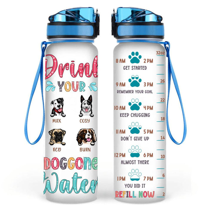 Personalized Dog Front View Water Tracker Bottle - Gift Idea For Dog Lovers - Up to 4 Dogs - Drink Your Doggone Water