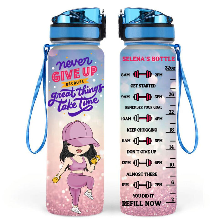 Personalized Fitness Girl Water Tracker Bottle - Gift Idea For Fitness Lovers - Never Give Up Because Great Things Take Time